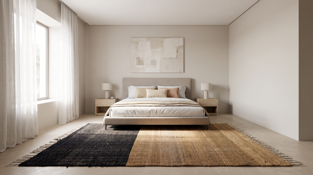 A modern bedroom featuring a large rectangular area rug in black and natural tan woven textures, styled under a low-profile platform bed with neutral bedding.
