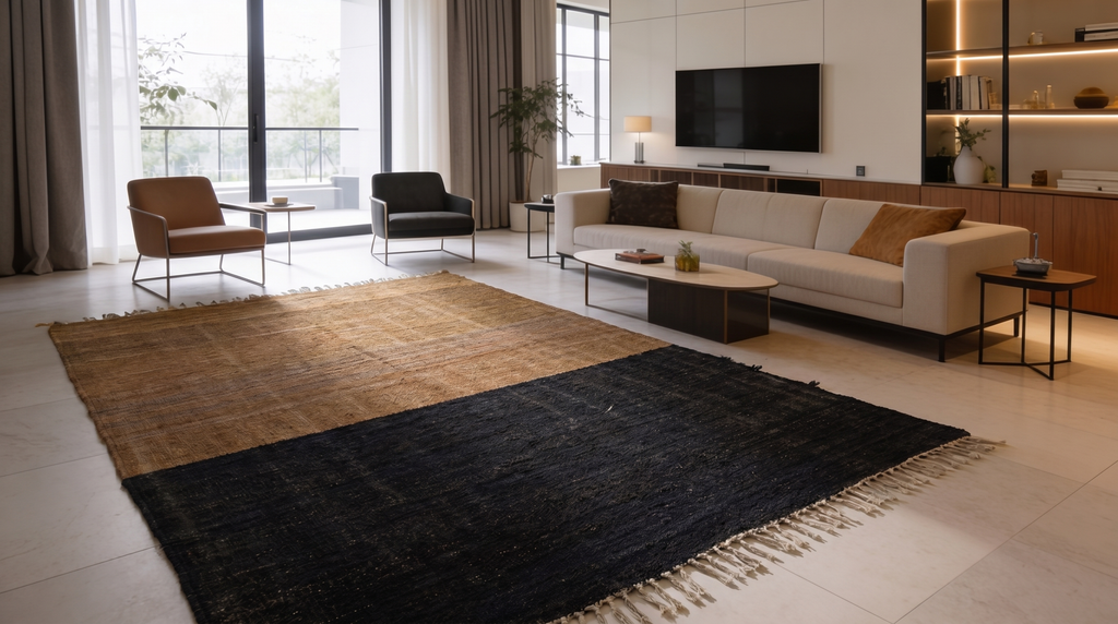 A large rectangular area rug in a modern living room setting, featuring a two-tone design with a natural tan jute-like top half and a dark black bottom half with fringe tassels.