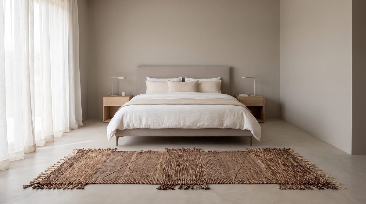 A styled bedroom scene featuring a bed dressed in white linens, flanked by two light wood nightstands with lamps, all set against a warm beige wall. In the foreground, a large brown woven area rug with fringe is spread on the floor.