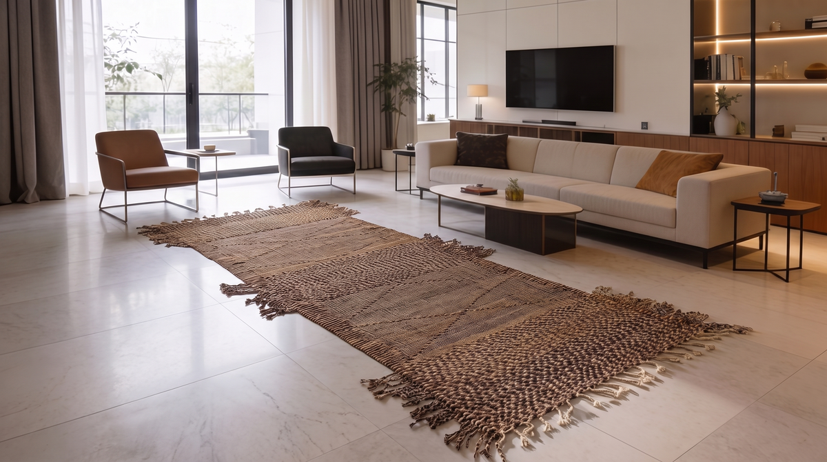 A large rectangular woven area rug with fringe edges in a warm brown and beige tone, displayed in a modern, sunlit living room with a cream sofa, minimalist coffee table, and light marble flooring.