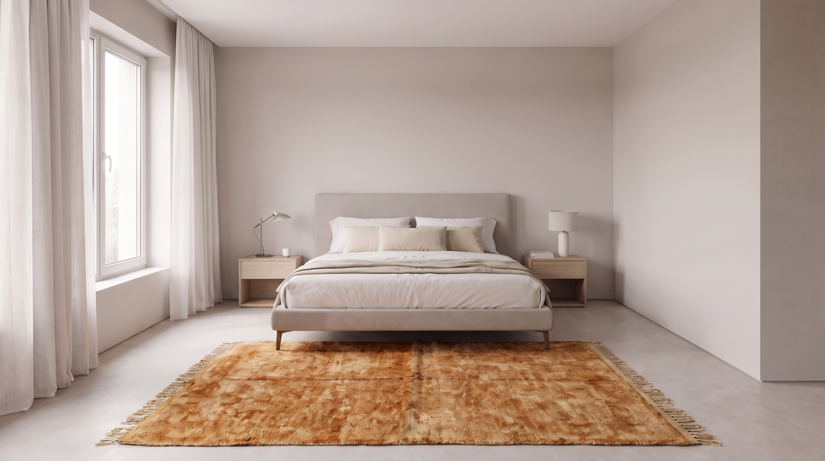 A modern bedroom featuring a low-profile platform bed with neutral beige bedding, flanked by two light wood nightstands. A large, textured orange-brown shag rug is spread across the floor in front of the bed.