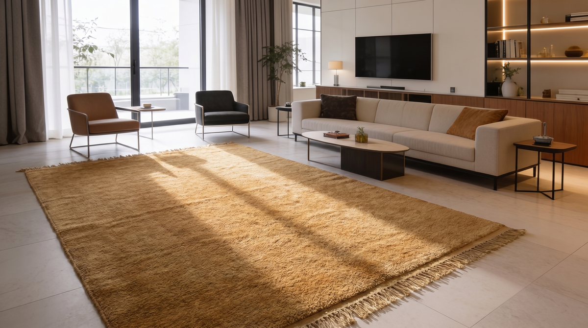 A large rectangular shag area rug in a warm tan and brown tone with fringe edges, shown in a modern living room setting with a sofa, coffee table, and large windows.