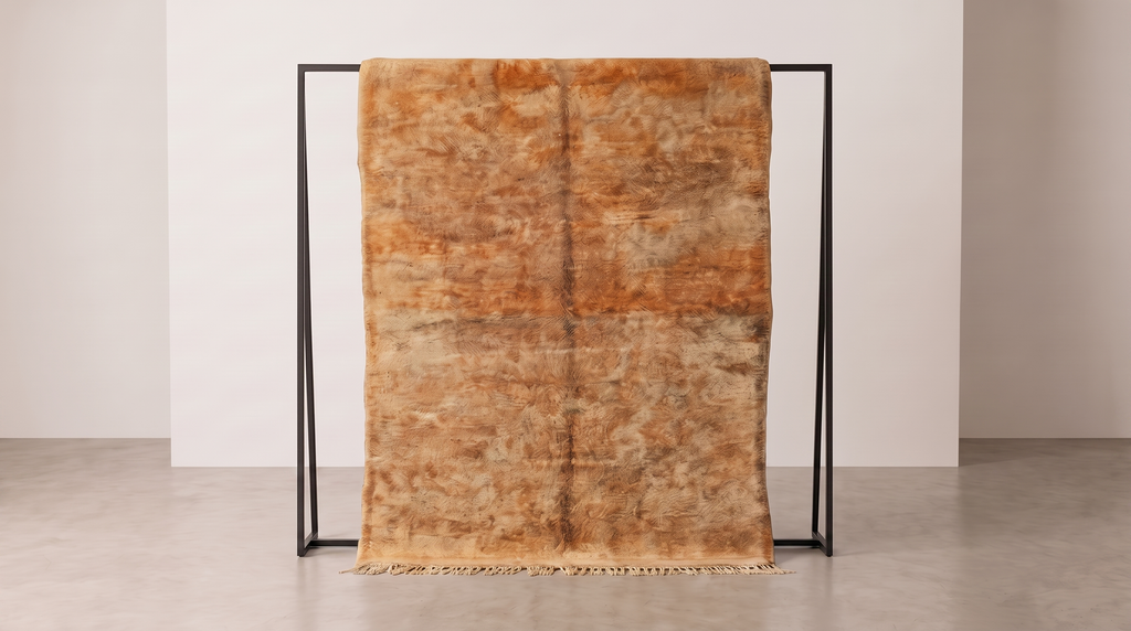 A large rectangular area rug in warm tan, camel, and brown tones with a distressed mottled pattern, hanging from a minimalist black metal frame in a clean studio setting.