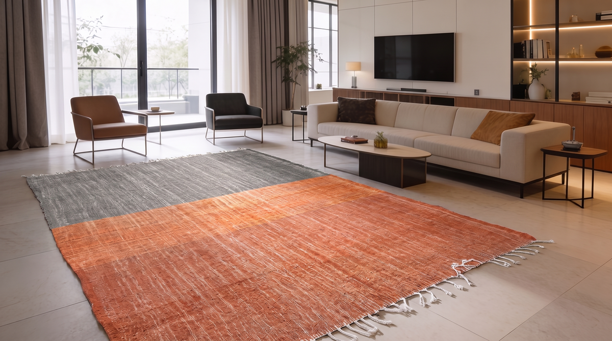 Ouarzazate Terracotta two-tone handwoven kilim rug in a modern living room, rust orange and grey fields with fringed edges.