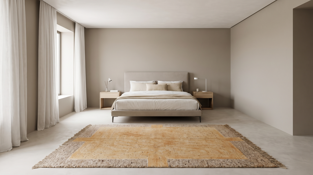 A minimalist bedroom with a bed dressed in light neutral bedding, flanked by two small nightstands with lamps, set against a warm taupe wall. A large rectangular area rug in beige and ochre tones lies on the concrete floor in front of the bed, with sheer curtains framing a window on the left.