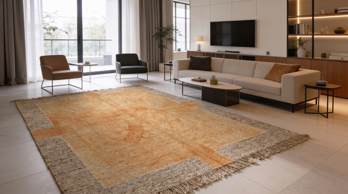 A large rectangular area rug with a distressed mustard yellow center and textured beige fringe, displayed in a modern, sunlit living room with a sofa, chairs, and coffee table.
