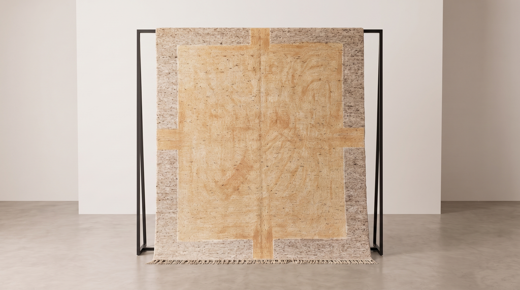 A large rectangular area rug displayed on a black metal stand in a minimalist studio setting. The rug features a warm beige and tan central field with a subtle cross motif, bordered by textured taupe and light brown sections, and finished with a small fringe along the bottom edge.