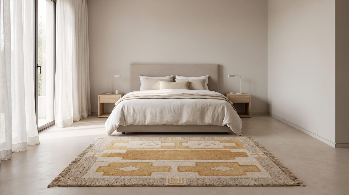 Talsint Tribal hand-knotted Berber wool rug — A modern bedroom scene featuring a geometric pattern area rug in beige and ochre yellow tones, styled under a neatly made bed with neutral bedding.