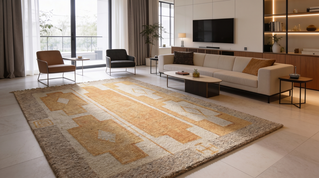 A large rectangular area rug with a geometric Southwestern-style pattern in beige, tan, and cream, styled in a modern living room with a sofa, coffee table, and large windows.