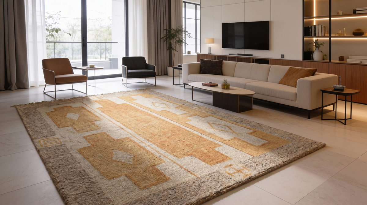 A large rectangular area rug with a geometric Southwestern-style pattern in beige, tan, and cream, styled in a modern living room with a sofa, coffee table, and large windows.