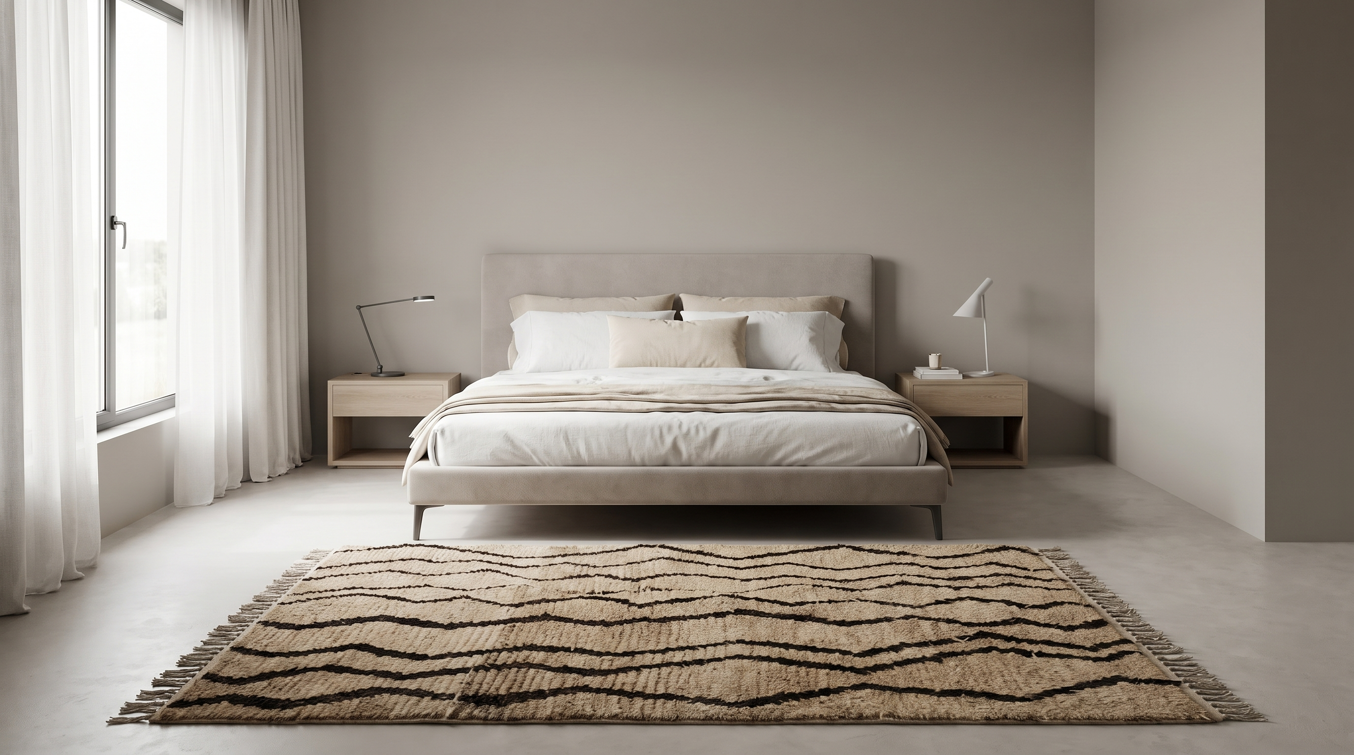A modern bedroom featuring a low-profile platform bed with white bedding, a textured beige and black patterned area rug, and minimalist light wood nightstands on either side of the bed against a neutral gray wall.