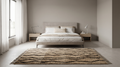 A modern bedroom featuring a low-profile platform bed with white bedding, a textured beige and black patterned area rug, and minimalist light wood nightstands on either side of the bed against a neutral gray wall.