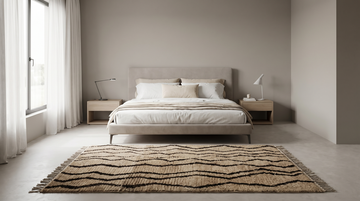 A modern bedroom featuring a low-profile platform bed with white bedding, a textured beige and black patterned area rug, and minimalist light wood nightstands on either side of the bed against a neutral gray wall.