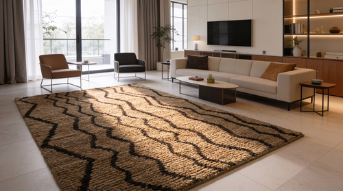 A large rectangular area rug with a wavy chevron pattern in beige, brown, and black, displayed in a modern, sunlit living room with a white sofa and wooden accents.