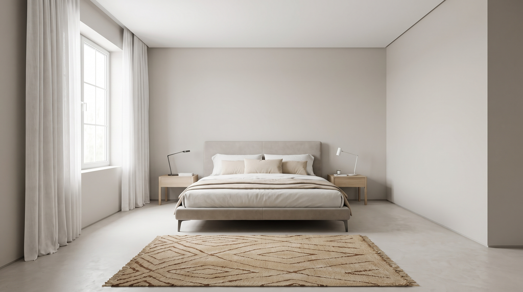 Beni Ourain Diamond rug in a bedroom, ivory wool with brown diamond pattern at the foot of the bed.