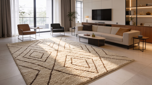 Beni Ourain Diamond Moroccan wool rug with concentric brown diamond pattern on ivory wool, shown in a modern living room.