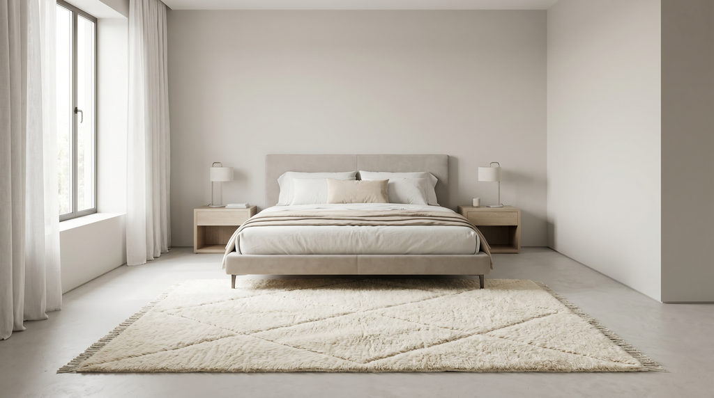 A minimalist bedroom featuring a light beige upholstered bed frame with white bedding, flanked by two matching bedside tables and lamps, set on a large cream shag rug in a bright, modern room.