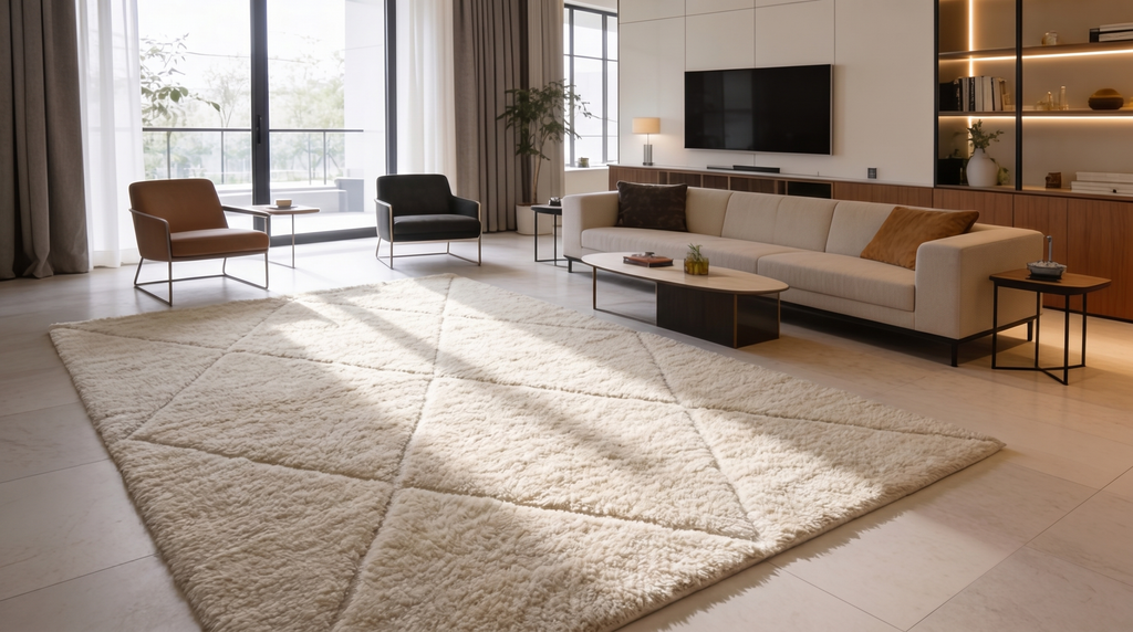 A large cream-colored shag rug with a geometric diamond quilted pattern, styled in a modern, sunlit living room with a beige sofa, minimalist coffee table, and large windows.