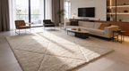 A large cream-colored shag rug with a geometric diamond quilted pattern, styled in a modern, sunlit living room with a beige sofa, minimalist coffee table, and large windows.