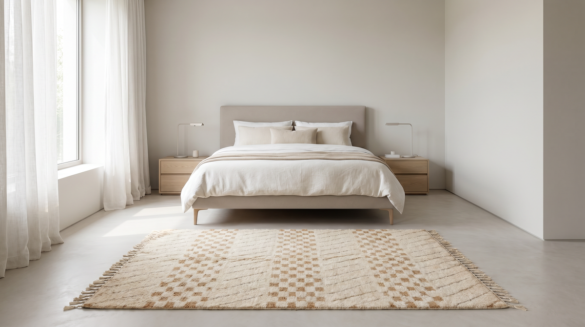 A modern bedroom scene featuring a textured beige and cream checkered area rug on a light concrete floor in front of a minimalist bed.