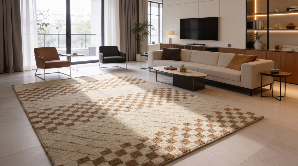 A large rectangular area rug with a beige and brown checkerboard pattern is shown in a modern living room setting with a sofa, chairs, and coffee table.