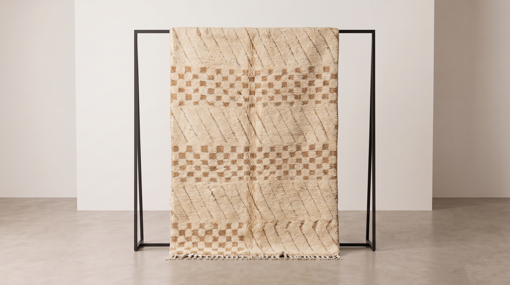 A woven throw blanket with a beige and brown geometric pattern is draped over a minimalist black metal stand in a clean, modern room setting.