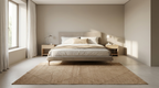 A minimalist bedroom scene featuring a light beige upholstered bed with white bedding, flanked by two light wood nightstands, set on a large textured beige rug in a neutral-toned room.