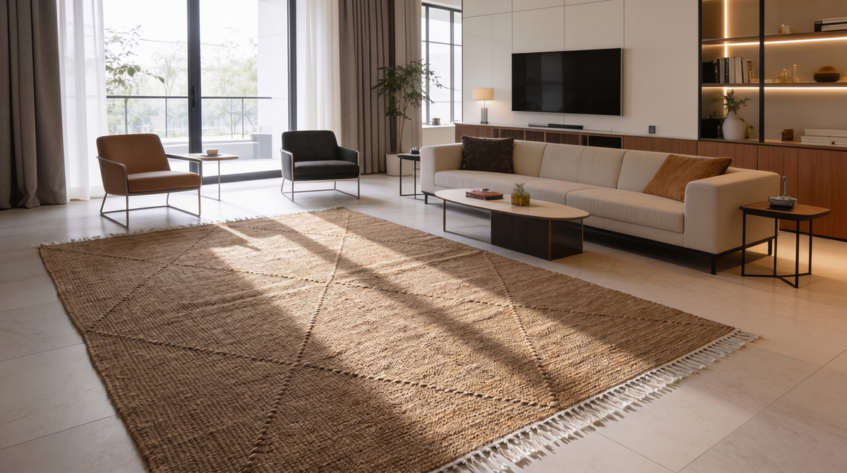 Zagora Kilim handwoven wool flatweave rug in solid warm brown with diamond stitching, shown in a modern living room.