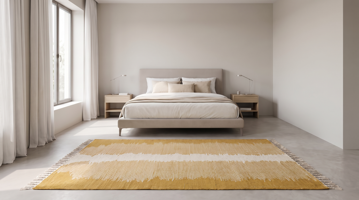 Marrakech Ochre ombré kilim rug in a bedroom, golden yellow fading to cream with fringed edges at the foot of the bed.