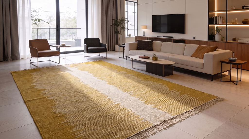 Marrakech Ochre handwoven ombré kilim rug in golden ochre and cream gradient, shown in a modern living room.