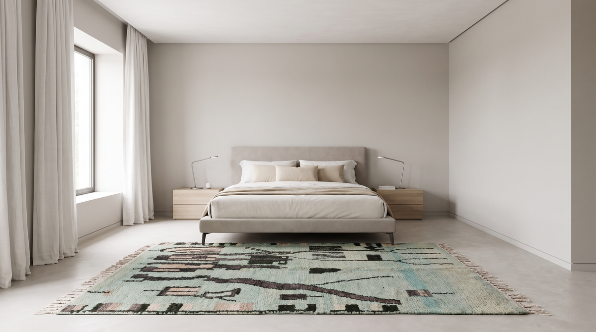 Boujad Bloom vintage-style Berber wool rug in mint green, dusty rose, and charcoal abstract tribal pattern, shown in a bedroom.