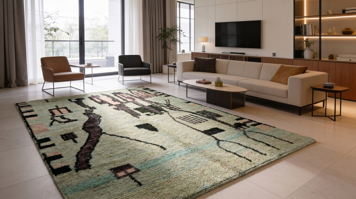 Boujad Bloom rug in a modern living room, mint green and rose abstract tribal pattern with charcoal accents on a sofa-facing area rug.