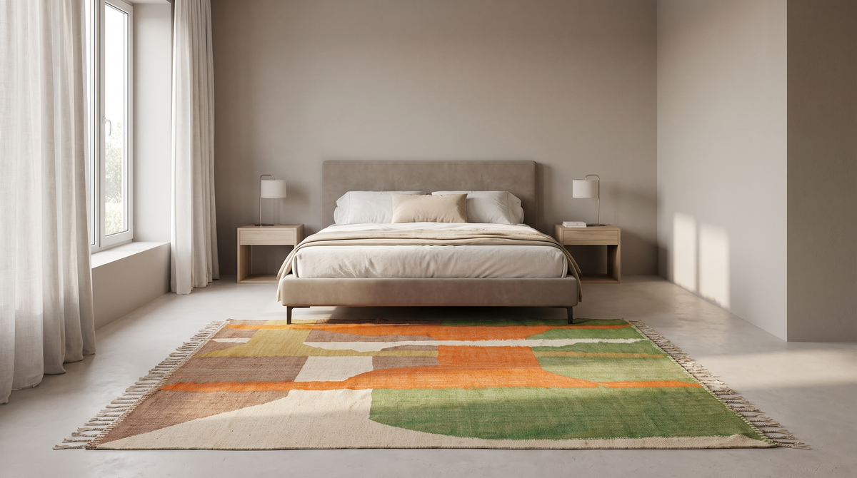 A modern bedroom with a bed centered against beige walls, flanked by two light wood nightstands and lamps, with a large multicolor abstract-patterned rug on the floor in front.
