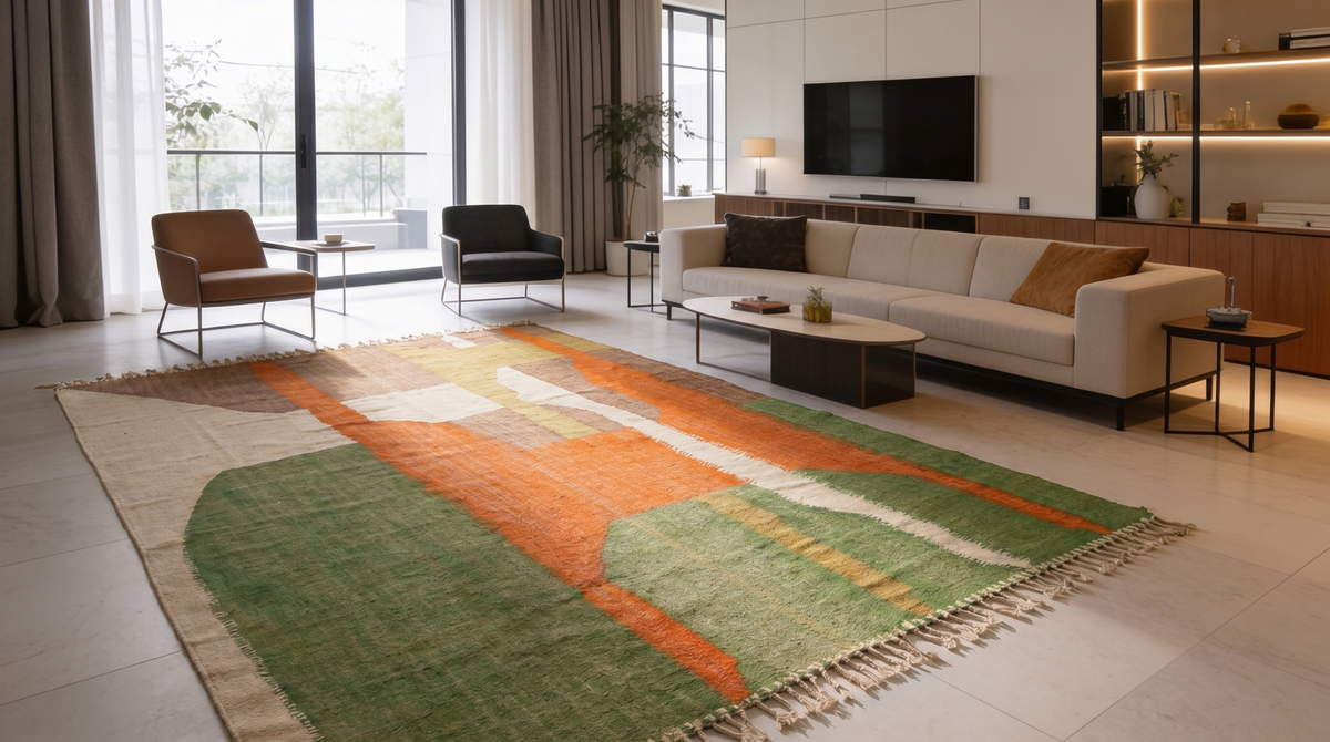 A large abstract area rug with green, orange, and beige geometric patterns and fringe, styled in a modern living room with a sofa, armchair, and coffee table.